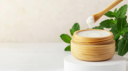 natural face cream in eco friendly bamboo jar on white podium organic skin care cosmetics beauty product packaging