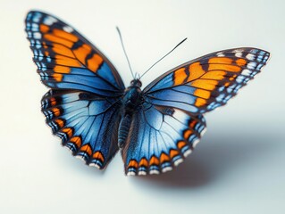 Naklejka premium stunning blue and orange butterfly gracefully in flight against a pristine white background, showcasing the intricate details of its wings and the beauty of nature