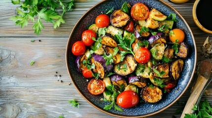 An artistic shot of a vegetarian eggplant salad, featuring vibrant ingredients like baked aubergine and cherry tomatoes on a wooden table.