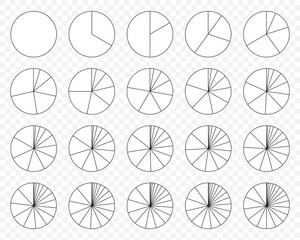 Set of round structure graphs. Outline circular chart. Piechart with segments and slices. Schemes with sectors. Pie diagram divided into pieces. Circle section template. Vector illustration. EPS 10.