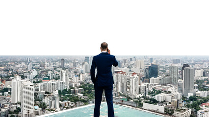 PNG Business man talking on a phone with a cityscape collage element, transparent background