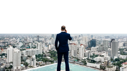 PNG Business man talking on a phone with a cityscape collage element, transparent background
