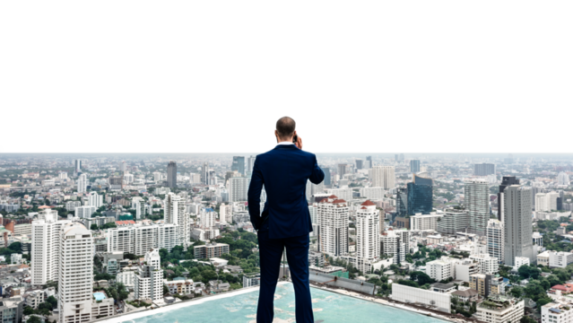 PNG Business man talking on a phone with a cityscape collage element, transparent background