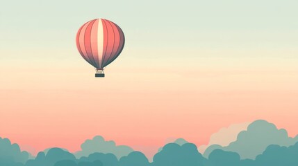 Fototapeta premium A single hot air balloon floats in a pale pink and blue sky above a layer of clouds.