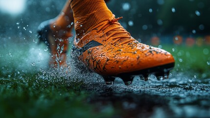 A soccer player splashes through water on the field, showcasing their vibrant orange boots as rain falls in the early evening. The vibrant atmosphere adds to the excitement of the game.