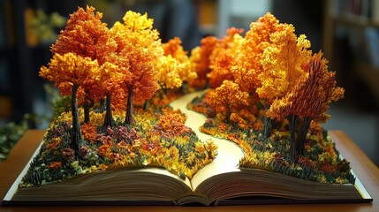 An open book comes to life with a stunning pop-up autumn landscape, showcasing vibrant trees, a winding path, and a whimsical atmosphere filled with adventure