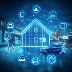 IOT virtual screen interface. Internet of Things or IOT technology concept, with icons of typical IoT. Intelligent house, car, cloud computing, network system, shopping.