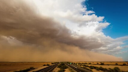 Sandstorm in the desert and sand , red sand, above the highway