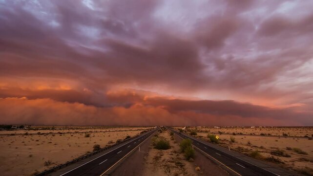 Sandstorm in the desert and sand , red sand, above the highway