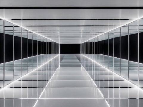 Futuristic Illuminated Corridor With Reflective Walls, Infinity Mirror