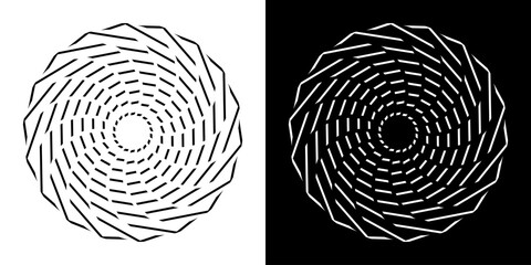 Abstract background with lines pattern in circles. Spiral art design as logo or icon. A black figure on a white background and the same white figure on the black side.