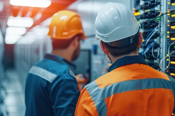 Two engineers working in a server room, wearing hard hats and safety vests, examining network equipment and ensuring system functionality.