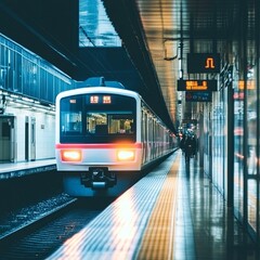 Fototapeta premium Local train arrive to railway station platform in Japan.