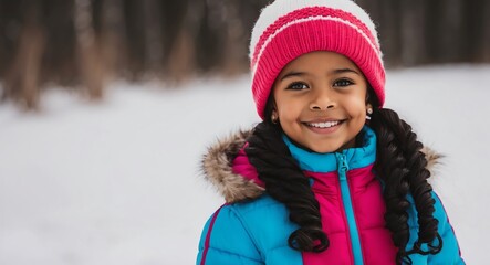 mixed race kid girl winter outdoor bright background wearing fashion portrait