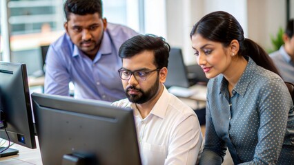An Indian IT support technician troubleshooting technical issues for employees in an office.
