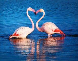 Two pink flamingos making a heart shape