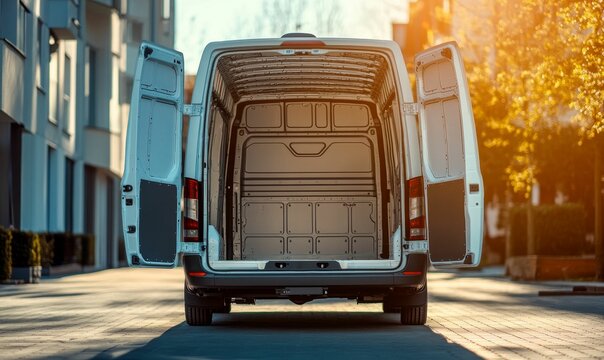 White van with open back doors on street.