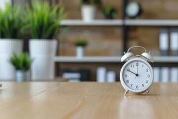 White alarm clock on a wooden desk in a modern office space with blurred background featuring shelves and green plants.