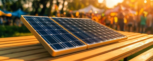 A solar panel sits on a wooden table, bathed in warm sunlight, with a lively background of people enjoying an outdoor event.