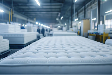 Close-up of white mattresses arranged in a large industrial factory setting with workers in the background, stock photo, high quality