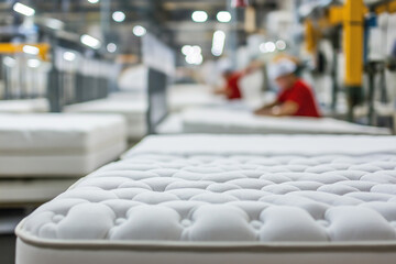 Obraz premium Close-up of white mattresses arranged in a large industrial factory setting with workers in the background, stock photo, high quality