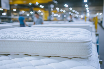 Close-up of white mattresses arranged in a large industrial factory setting with workers in the background, stock photo, high quality