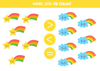 More, less, equal with cartoon rainbow star and cloud. Colorful worksheet.