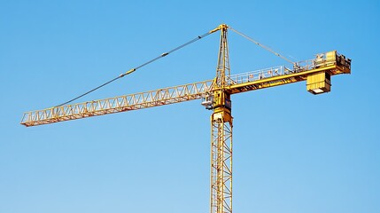 A yellow construction crane stands tall against a bright blue sky.