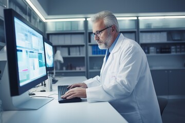Fototapeta premium Senior Caucasian male doctor working diligently at a desktop computer in a modern medical office during daytime hours