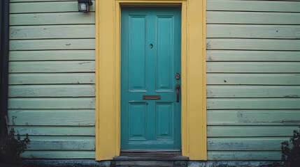 Obraz premium Vibrant Green Front Door of a Cozy Neighborhood House Surrounded by Lush Greenery