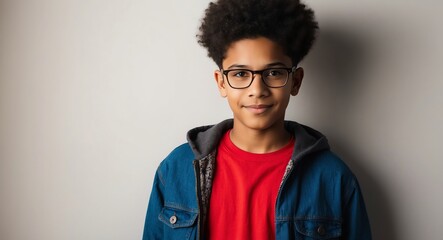 Obraz premium mixed race teen boy nerd casual bright background wearing fashion portrait