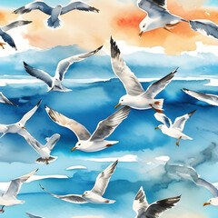 Obraz premium Watercolor seamless pattern of seagulls flying over the blue sea surface on a sunny day.