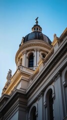 Obraz premium White stone church facade with dome and cross reaching for blue sky