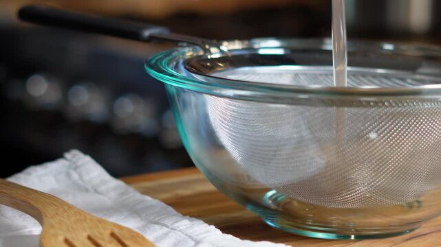 Draining red kidney beans with a colander into a clear glass bowl on top of a cutting board.  Preparing kidney beans for a meal.