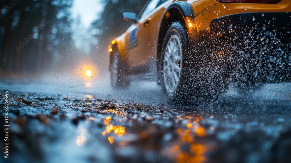 Poster an orange vehicle drives swiftly along a wet forest road, creating splashes of water as rain pours d