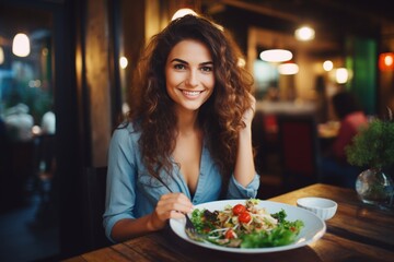 A woman enjoys a delicious vegetarian meal at a cozy restaurant in the evening, smiling warmly while seated at her table