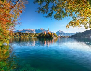 Obraz premium Bled lake island, St Martin Catholic church and Castle with mountain Range,