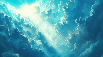 Light blue clouds with sunlight streaming through, creating a heavenly and peaceful scene.