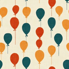 Vintage Orange and Aqua Balloon pattern on vintage beige fabric background, seamless repeating pattern, textile print style, minimal, playful balloon design, event decor, textiles