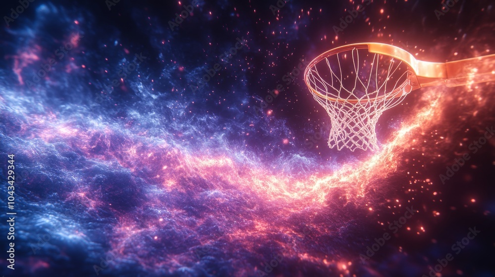 Poster A basketball hoop appears to float in a mesmerizing cosmic environment, with rich colors swirling around, creating a sense of wonder and possibility amidst the stars.