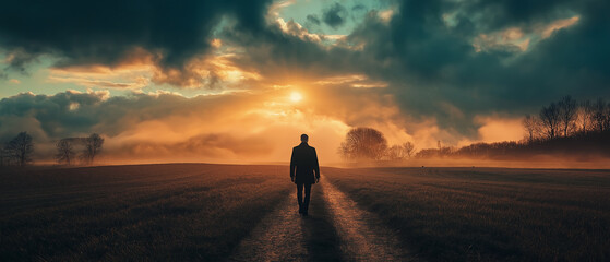 Lone man walking towards dramatic sunset, moody landscape, silhouette in open field, atmospheric sky with dark clouds, solitude and introspection conceptю