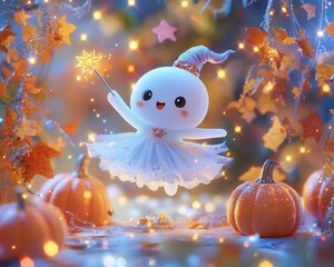 Obraz premium A Cute Ghost in a Tutu Holding a Star Wand in a Glittery Autumnal Forest