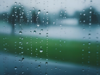 Raindrops glistening on a windowpane while a serene landscape blurs in the background during a quiet afternoon