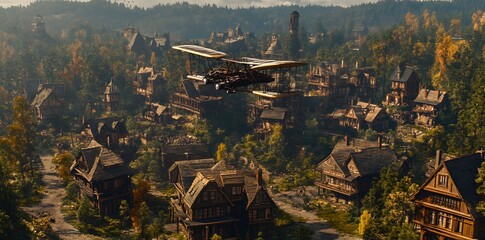 Fototapeta premium A vintage aircraft flying over a picturesque village surrounded by lush forests.