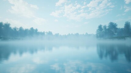 Fototapeta premium Light blue mist floating above a still lake, creating a serene and peaceful nature scene.