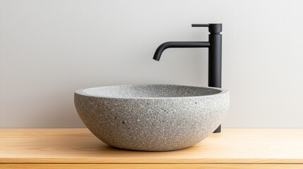 modern bathroom vanity featuring round stone sink and sleek black faucet, set against neutral wall. natural materials create calming and stylish atmosphere