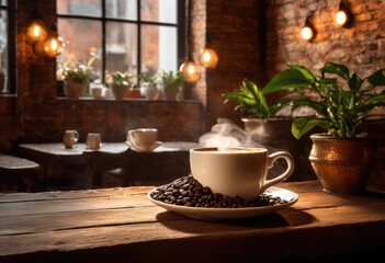 vintage coffee scene captured film grain texture highlighting rich brown tones warm ambient lighting, beans, espresso, brew, cup, pottery, artisan, cafe