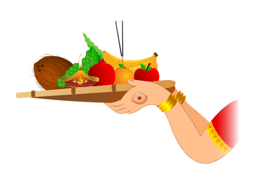 Vector illustration of Chhath Puja soop in woman hands on transparent background