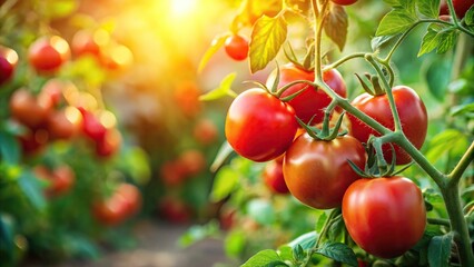 Obraz premium A ripe tomato plant with red tomatoes and lush green leaves in a sunny garden, sunlight, garden
