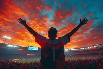 A soccer fan raises their arms in excitement as the sky glows with dramatic sunset over the stadium